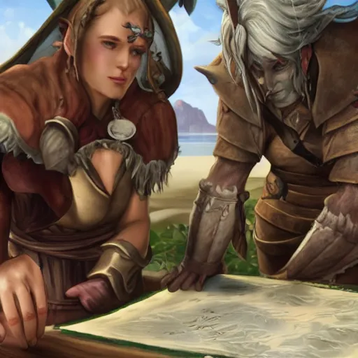 Image similar to a sea elf trying to get an incredibly sweaty commander to sign a piece of parchment fantasy 4k