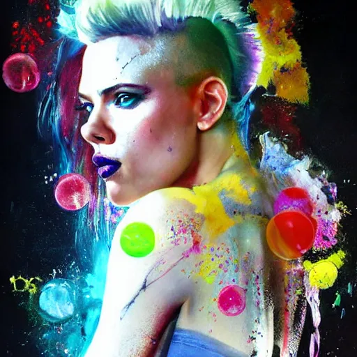 Image similar to scarlett johansson as delirium from sandman, ( hallucinating colorful soap bubbles ), by jeremy mann, by sandra chevrier, by richard avedon and maciej kuciara, punk rock, tank girl, high detailed, 8 k