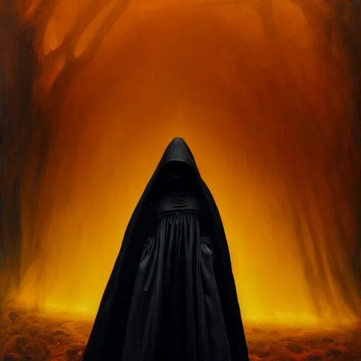 Image similar to a portrait of a young black woman wearing a long dark cloak, hood and shadows covering face, anatomically correct, beautiful perfect face, enigmatic, oil painting, matte painting, black background, Volumetric dynamic lighting, Highly Detailed, Cinematic Lighting, Unreal Engine, 8k, HD, by Beksinski