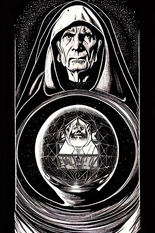 Image similar to wizard in a hooded cloak gazing into a crystal ball, high details, intricately detailed, by vincent di fate, inking, 3 color screen print, masterpiece, trending on artstation, side profile, sharp, details, hyper - detailed, hd, 4 k, 8 k