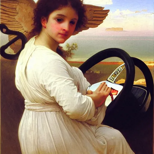 Image similar to an oil painting of an angel driving a car in a drive through, one hand on the steering wheel, exterior view, by Bouguereau, highly realistic and intricate