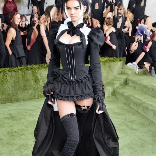 Prompt: kendall jenner wearing 2 b cosplay victorian maid