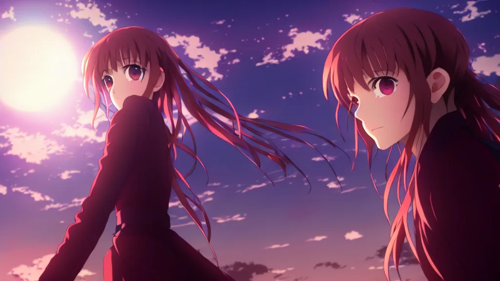 Image similar to emma watson, heavens feel movie, demon slayer, ufotable, kyoani, high quality, artstation, key visual, cinematic, city background, night time, rooftop, fate stay night, unlimited blade works, greg rutkowski, high resolution, dynamic pose, extreme close up, rin outfit, anime, high angle, high budget