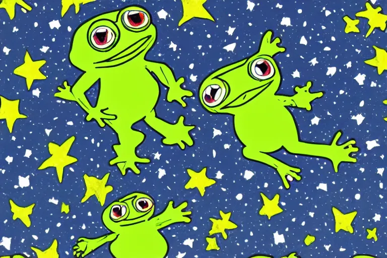 Prompt: night starry sky full of pepe the frog, by lous wain and and fernand toussaint