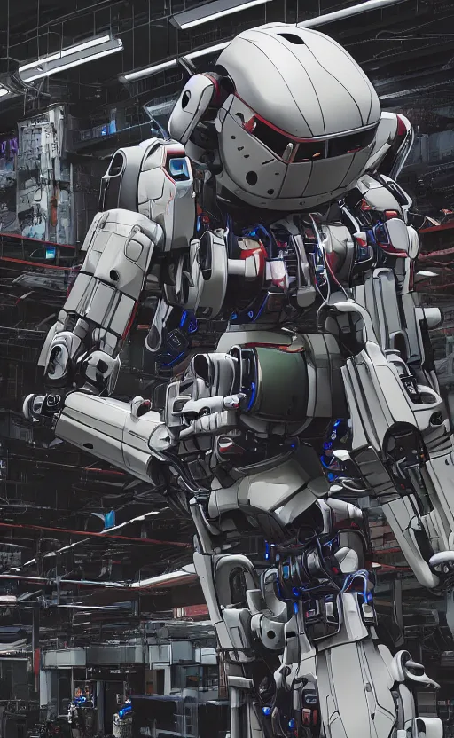 Image similar to a closeup shot of a robot being repaired in warehouse,cyberpunk,2077,big mecha,gundam,8k,high detailed,comic style,manga,epic