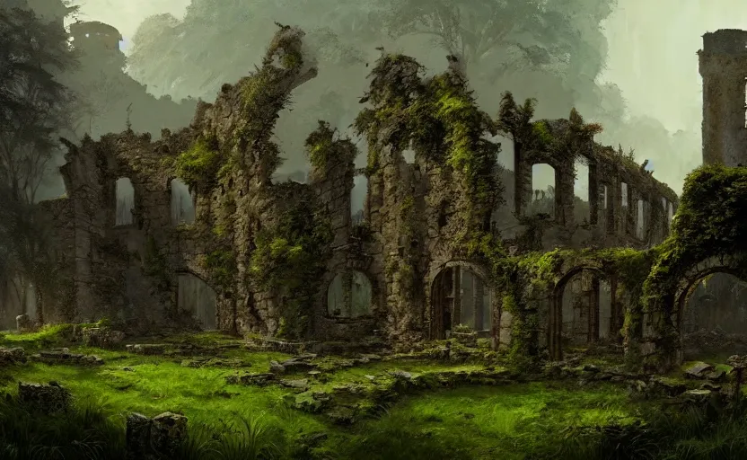 Image similar to ruins of an old castle covered by plant and moss with moody and cinematic lighting by greg ruthkowski and craig mullins and caspar david friedrich, concept art, artstation, trending on artstation