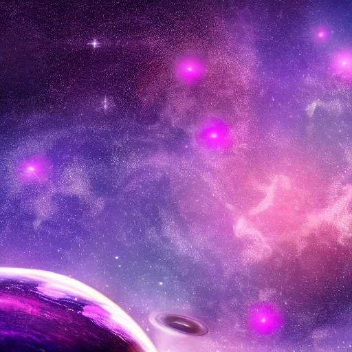 Image similar to anime style hd wallpaper of outer space horizon of a planet, glittering stars scattered about, lavender and pink colors