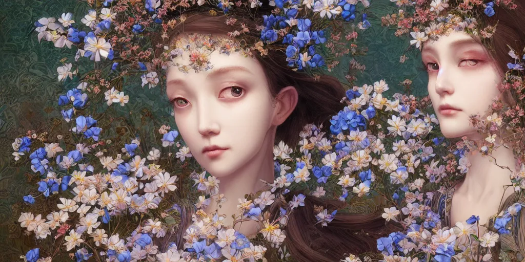 Image similar to breathtaking detailed concept art painting of the goddess of nemophila flowers, orthodox saint, with anxious, piercing eyes, ornate background, amalgamation of leaves and flowers, by Hsiao-Ron Cheng, James jean, Miho Hirano, Hayao Miyazaki, extremely moody lighting, 8K