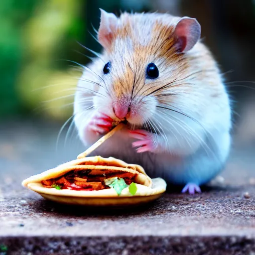 Image similar to detailed photo of a hamster eating a kebab, outdoors, various poses, full body, daylight, 8 k