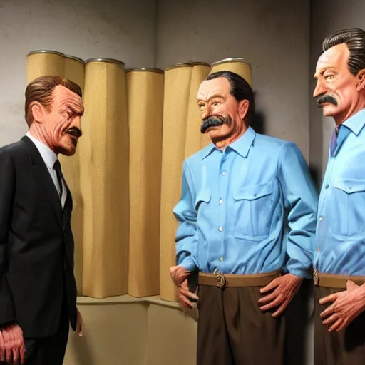 Image similar to wax figures of bryan cranston selling a ziploc of baby blue meth to stalin