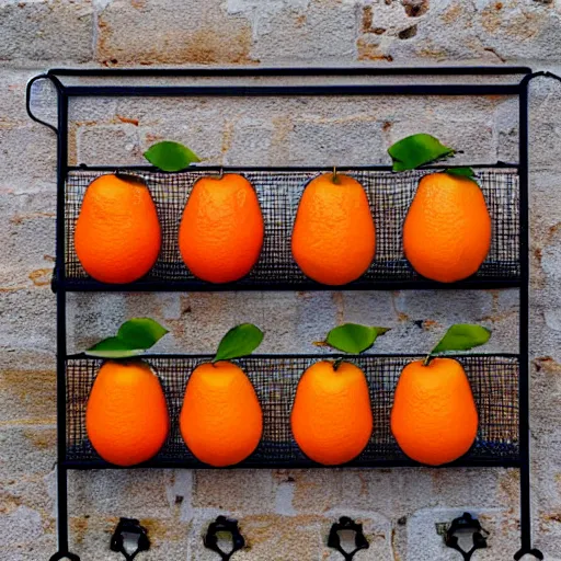 Prompt: a big orange fruit on a wall rack, orange fruit