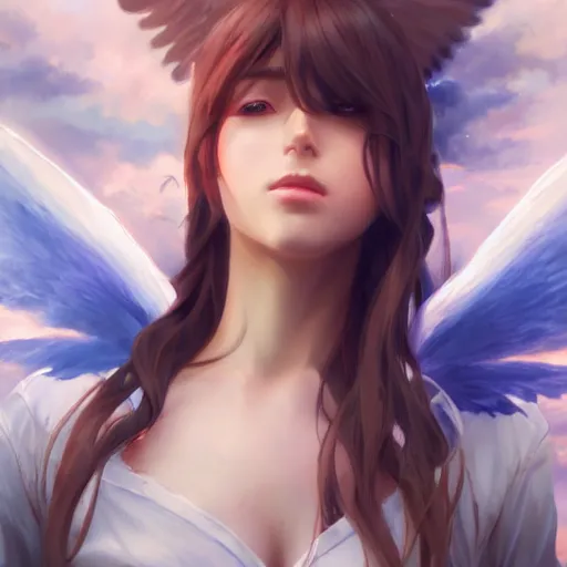 Image similar to an oil painting of a beautiful anime girl with wings, by artgerm and greg rutkowski, hd, hdr, ue 5, ue 6, unreal engine 5, cinematic 4 k wallpaper, 8 k, ultra detailed, high resolution, artstation, award winning