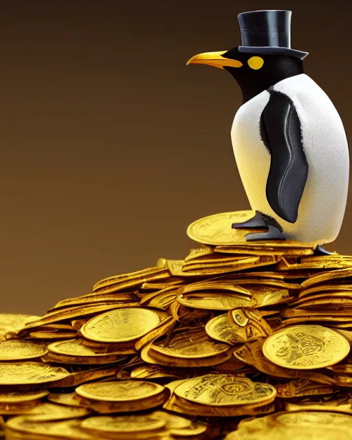 Image similar to oil painting of steampunk penguin wearing top hat sitting on pile of gold, full body, sharp focus, fantasy style, pile of gold coins on the ground, golden steampunk treasury background, octane render, volumetric lighting, 8k high definition, by greg rutkowski, highly detailed, trending on art Station