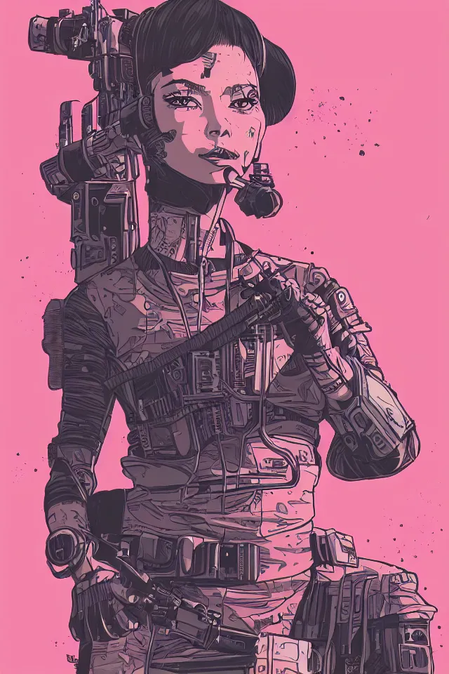 Image similar to very detailed, ilya kuvshinov, mcbess, rutkowski, illustration of a cyberpunk military woman, colorful, cinematic composition, studio lighting