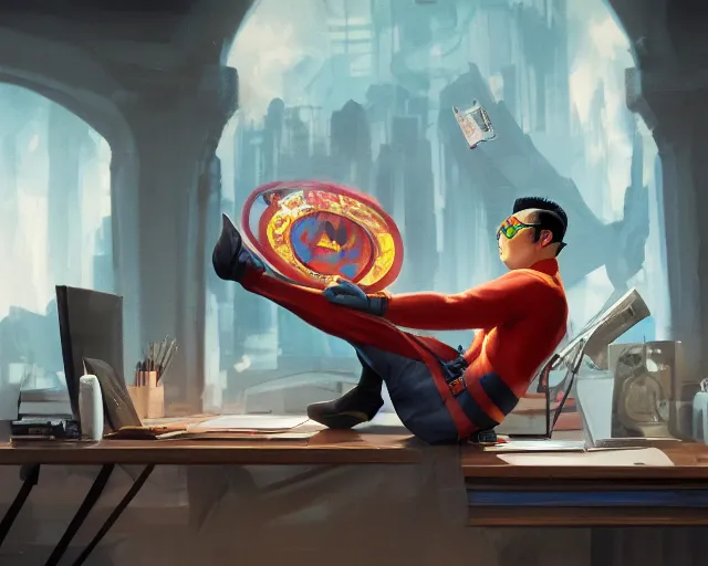 Image similar to an insanely detailed painting of a nerdy asian man wearing a superhero costume, sitting at a desk, staring at the nervously at the computer and typing, in the style of peter mohrbacher, dramatic lighting and composition, surreal background, octane render, pixar, trending on artstation, concept art, comic book, view from behind