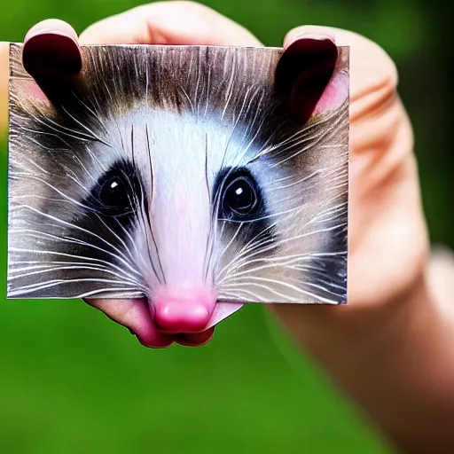 Image similar to an opossum holds up the finger painting it did, hd digital photography