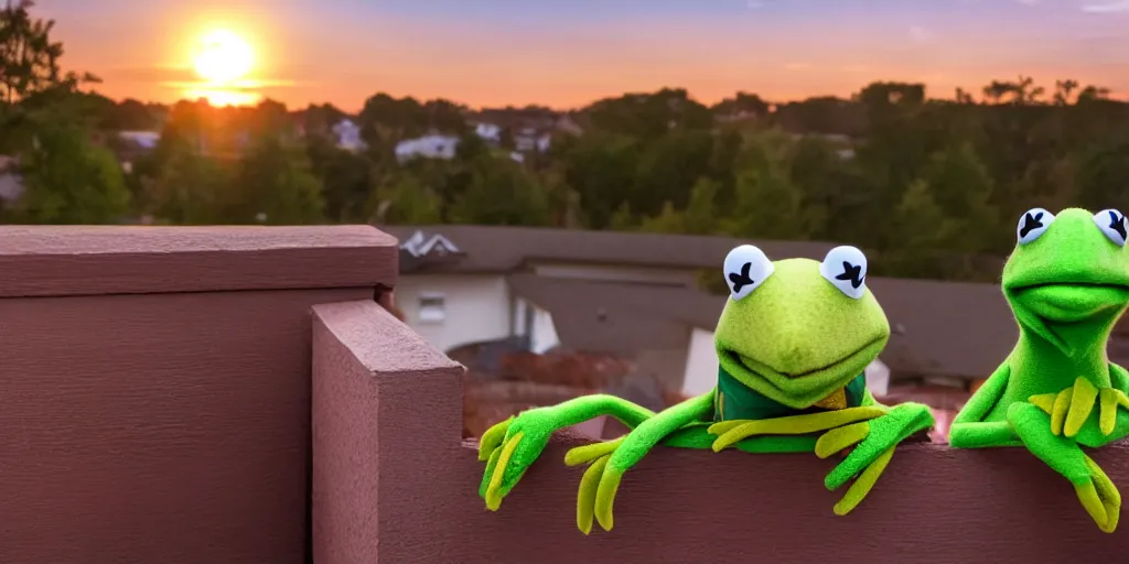 Prompt: Kermit the frog watching a nice sunset from his front porch, over the shoulder