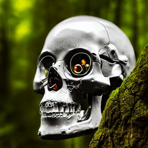Prompt: very detailed portrait 55mm photo of a mechanical crystal head without skin, optic fiber nerves, gears in his head and cybernetic enhancements with no plating. with cybernetics. Has cameras for eyes. In the forest with bokeh. Ray tracing and tessellation. Very sharp high detailed 8k image