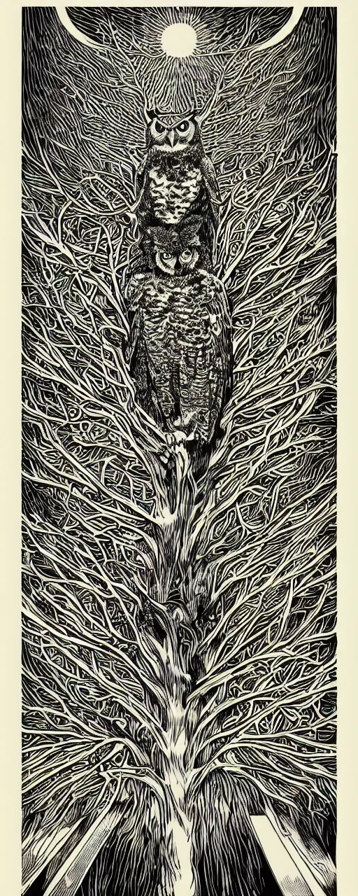 Prompt: beautiful hyperrealist highly detailed psychedelic music poster of a great horned owl on a tree branch, symmetrical full body, beautiful high contrast woodcut, moebius and charles burns comic style, shocking detail trending on artstation 8 k