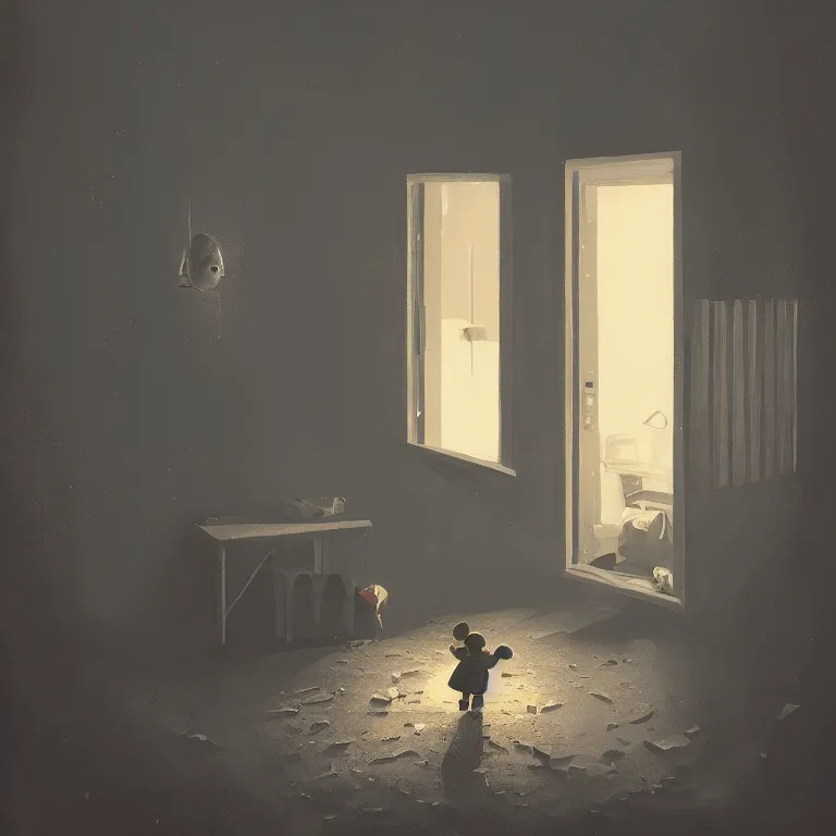 Image similar to a dark black nursery by night, the door is open a gap and thus shines light in a painting from stalenhag, 4 k, 8 k, hdr, artstation, concept art