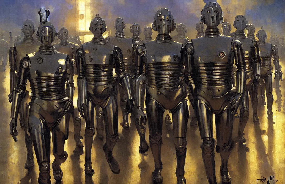 Image similar to march of the cybermen, detailed painting, epic lighting, by ilya repin, phil hale and kent williams