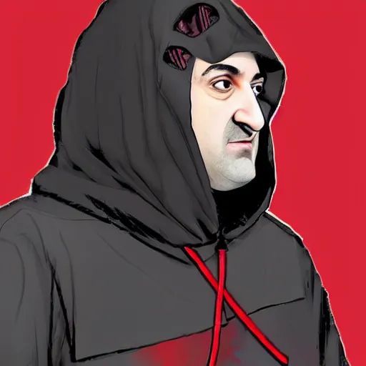 Image similar to Mike Stoklasa from Red Letter Media as a black hooded executioner