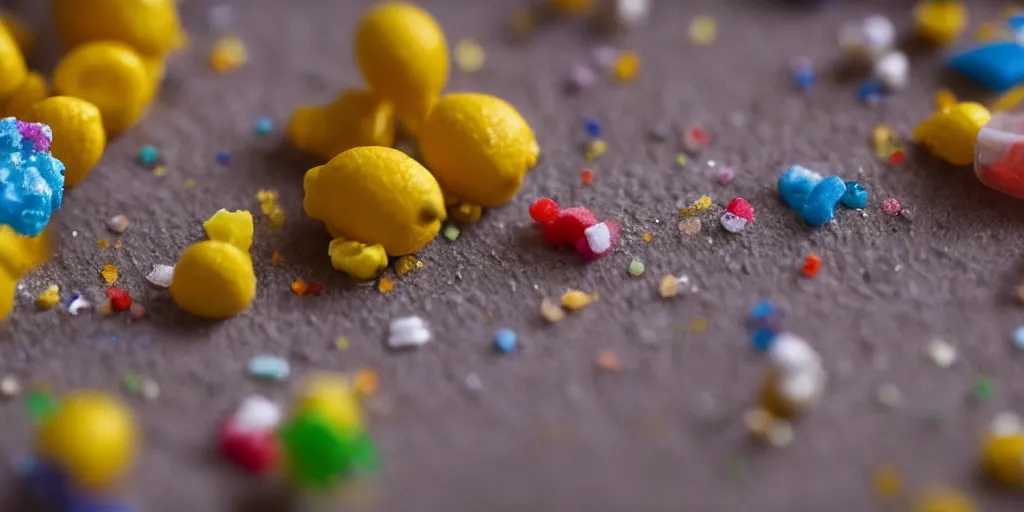 Image similar to a cinematic film still of a claymation stop motion film about a town made of lemons and candy, shallow depth of field, 8 0 mm, f 1. 8