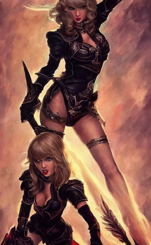 Image similar to taylor swift as a league of legends champion similar to seraphine from league of legends with a microphone in her hand as her weapon drawn in frank frazetta style, high quality, very well proportioned silhouette, contemporary art, taylor swift face