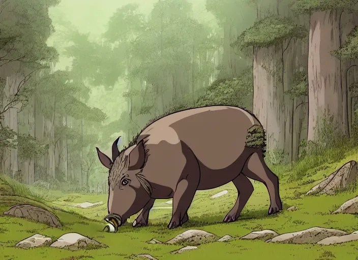 Prompt: a majestic brown and grey boar with tusks in a mythical forest next to a pathway, by ghibli studio and miyasaki, flat, 2 d, illustration, great composition