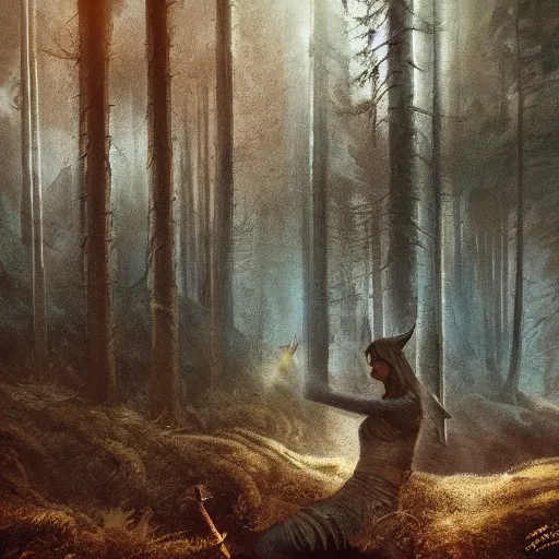 Image similar to a smiling viking shadow behind her a blurred forest, detailed and realistic painting, atmosphere, dynamic, expressions, cinematic