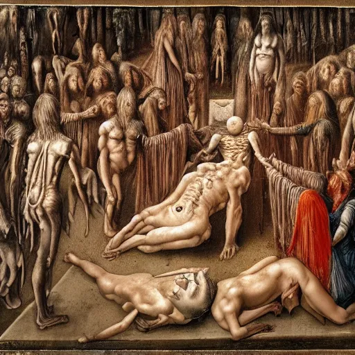 Image similar to Members of a cult gather and summon a Blood Moom, surreal, dark, detailed, intricate, made by Leonardo Da Vinci and H R Giger