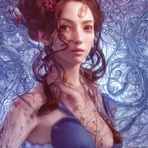 Image similar to the portrait of a blueberry that resembles an absurdly beautiful, graceful, elegant, sophisticated woman, an ultrafine hyperdetailed illustration by kim jung gi, irakli nadar, intricate linework, bright colors, octopath traveler, final fantasy, unreal engine 5 highly rendered, global illumination, radiant light, detailed and intricate environment