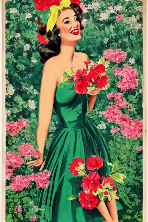 Image similar to a full view portrait of a beautifull woman, wearing a dress,with a beautifull smile,a garden background.in american style pin up.anatomically correct