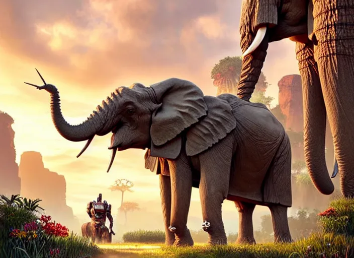 Image similar to symmetry!! landscape portrait of a herd of hybrid robot mammoth elephant with big tusk, floral! horizon zero dawn machine, intricate, elegant, highly detailed, digital painting, ancient ruins background, sunrise, background atmospheric lighting, ray tracing, artstation, concept art, smooth, sharp focus, illustration, art by artgerm and greg rutkowski 8 k