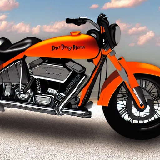 Prompt: a cartoon donkey riding a harley - davidson motorcycle, orange and black, in the style of ed roth