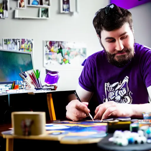 Prompt: violet - haired slim shaved emo male game designer who plays blood bowl and paints miniatures, sitting at his untidy working table
