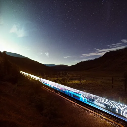 Image similar to photo, a woman in a giant flowing glowing illuminated white dress with an incredibly long train, standing inside a dark western rocky scenic landscape, volumetric lighting