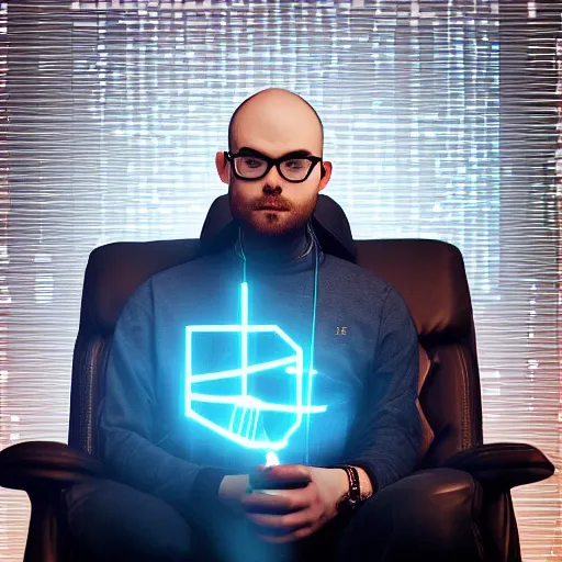 Prompt: photograph of northernlion sitting on a throne of programming, ultra detailed, photorealistic, cinematic lighting