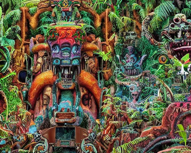 Prompt: mayan jaguar punk exploring an alien garden las pozas, 1 9 7 0's sci - fi, lofi technology, deep aesthetic colors, 8 k, highly ornate intricate details, extreme detail, cut out collage, william s burroughs