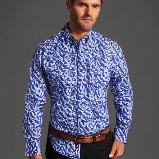 Prompt: Robert Graham shirt inspired by great white sharks, print detail, product photography