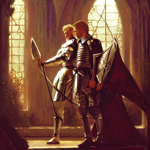 Image similar to attractive arthur pendragon and his favourite attractive male knight, they are in love, camelot, natural lighting, path traced, highly detailed, high quality, digital painting, by gaston bussiere, craig mullins, j. c. leyendecker