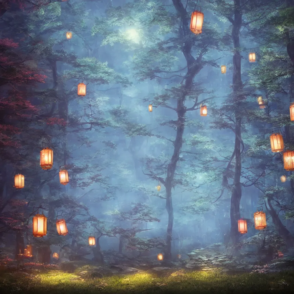 Prompt: Japanese forest at night, lanterns, highly detailed, dreamlike!, digital painting, volumetric lighting, digital art, 8K photography, matte vivid colors, perspective, octane render, breathtaking, by Maximilian DegenPro of Artstation, Hayao Miyazaki Studio Ghibli!! style