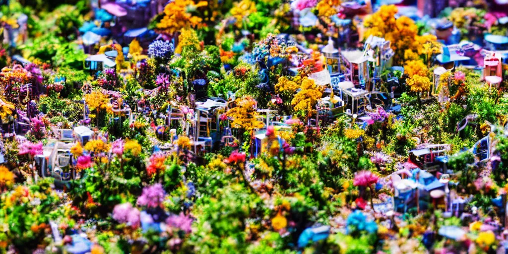 Image similar to macro photo of a miniature solarpunk city, canon 8 0 d, canon 1 0 0 mm f / 2. 8, bright sunlight, sun glints, vivid and colorful trees and plants and flowers, 4 k,