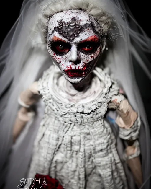 Prompt: a paper mache doll of a zombie bride, realistic, very detailed, complex, intricate, studio lighting, superres sharpening, bokeh, sigma 5 0 mm f 1. 4