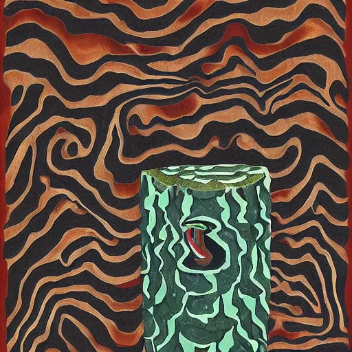 Image similar to dusty bipedal dark rapids fractal haddock wood teak tree chocolate, by eleanor vere boyle and jackson pollock and tom thomson, tiki, cubist, speedpainting