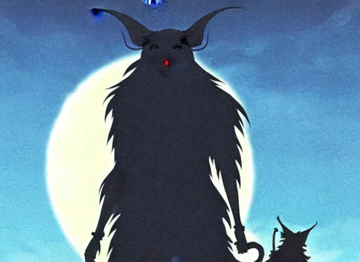 Prompt: a still from a studio ghibli movie of a cartoon shadow demon from princess mononoke ( 1 9 9 7 ), in front of a pale full moon, full body, wide shot, very dull muted colors, studio ghibli, highly detailed, deviantart, art by artgem