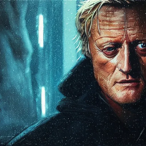 Image similar to cinematic portrait of rutger hauer in blade runner 2 0 4 9, perfect face, neon rain, moody, elegant, by alyssa monks, highly detailed, symmetrical face, fine details, masterpiece, trending on artstation