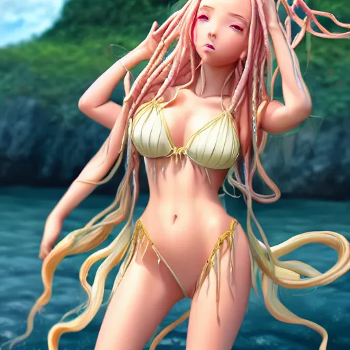 Prompt: a very beautiful anime succubus nymph hybrid, full body, long braided curly blonde hair, twisted braids, golden watery eyes, full round face, short smile, pale pink bikini, serene beach setting, cinematic lightning, medium shot, mid-shot, highly detailed, trending on artstation, Unreal Engine 4k, cinematic wallpaper by Stanley Artgerm Lau, WLOP, Rossdraws, James Jean, Andrei Riabovitchev, Marc Simonetti, and Sakimichan