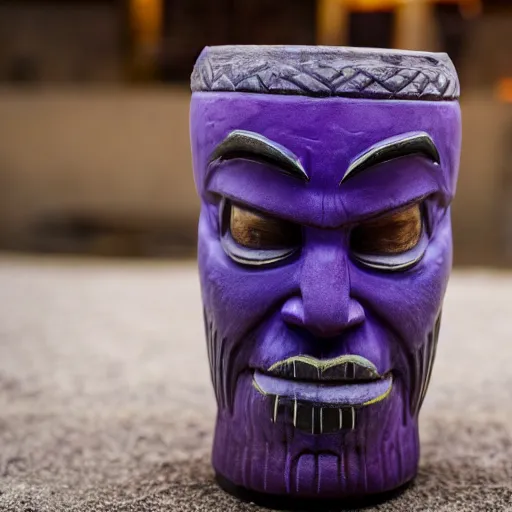 Prompt: a closeup photorealistic photograph of a thanos style tiki mug sitting at a trader vic's beach bar featuring the face of thanos. tiki party. bright scene. fine detail. this 4 k hd image is trending on artstation, featured on behance, well - rendered, extra crisp, features intricate detail, epic composition and the style of unreal engine.