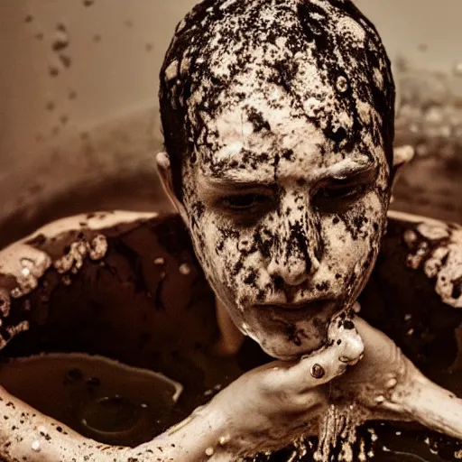 Prompt: a person bathing in concentrated sulphuric acid, portrait photograph